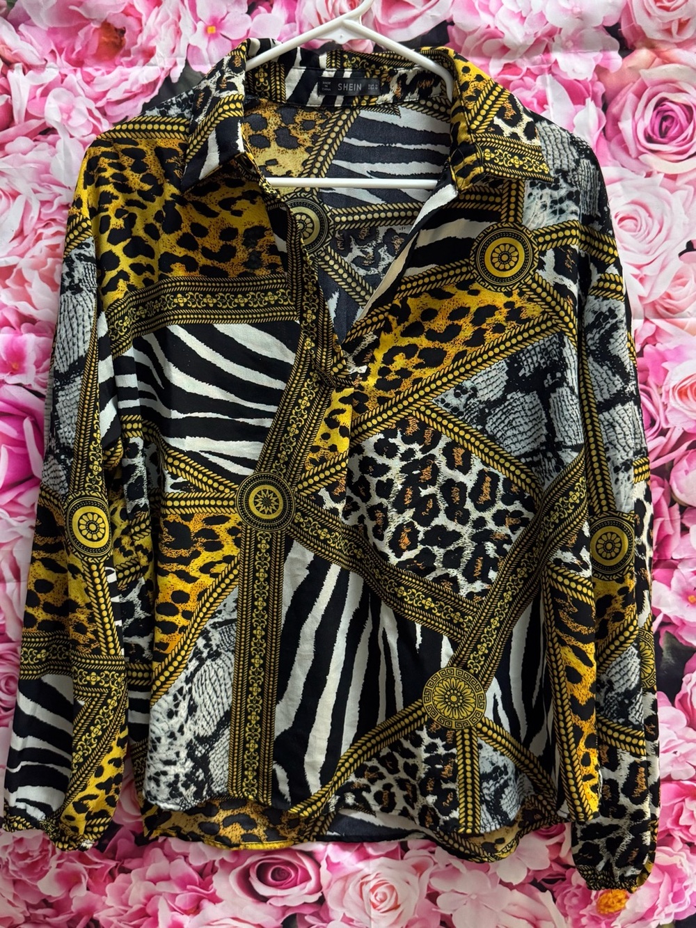 SHEIN Black White and Gold Mixed Animal & Chain Print Top